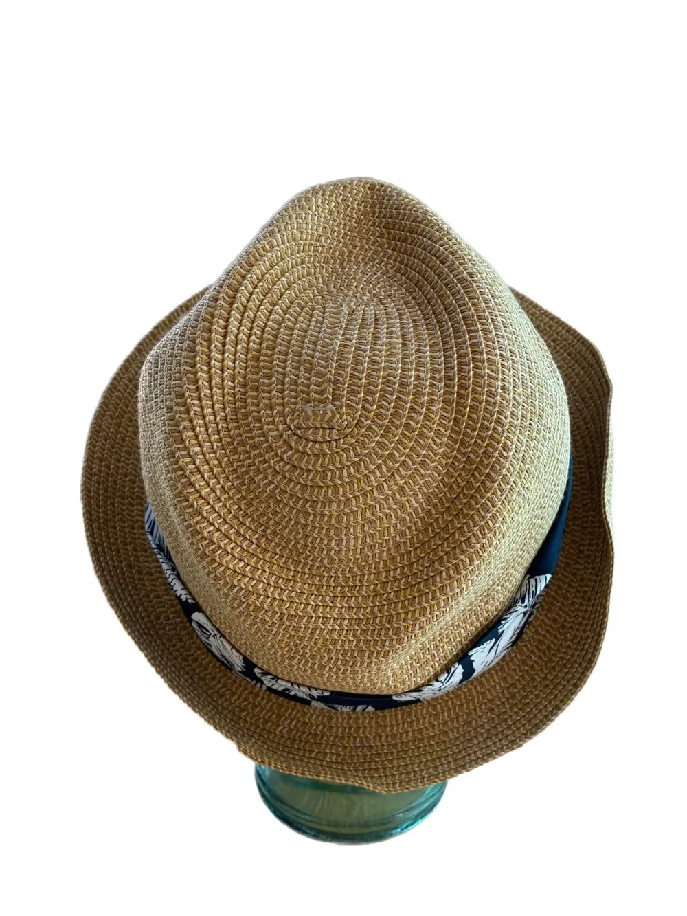American Eagle Woven Straw Fedora Trilby Hat Navy Leaf Band L/XL Vacation Tropic